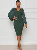 Ribbed Lantern Sleeve Patchwork Bodycon Midi Dress