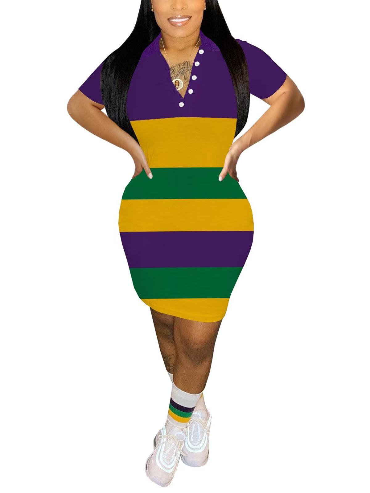 Digital Print Short Sleeve Shirt Collar Mini Dress