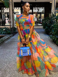 Mesh Short Sleeve Print Flowy Maxi Dress