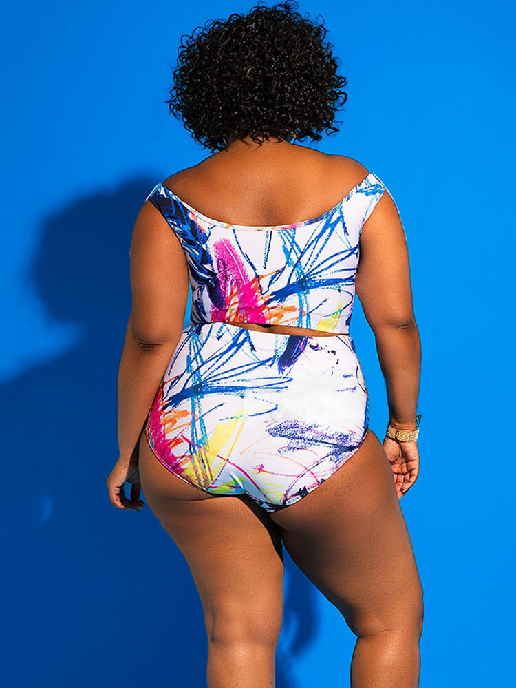 Two Piece Off Shoulder Print Swimsuit