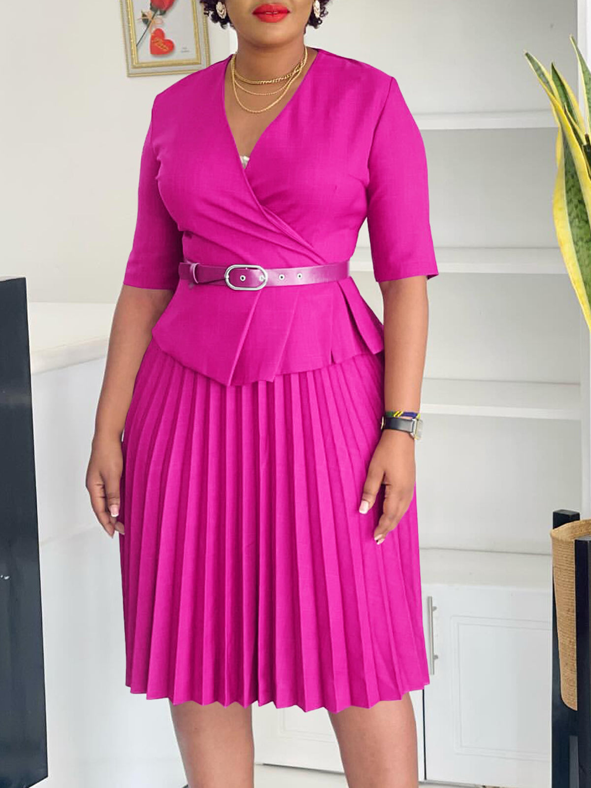 Belted Blazer Pleated Midi Dress