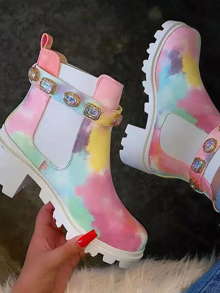 Rhinestone Buckle Platform Chelsea Ankle Boots