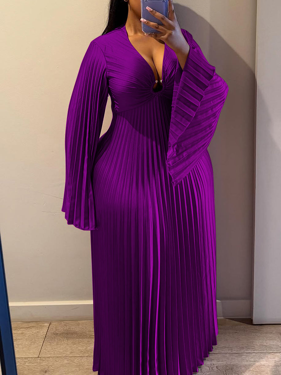 Chiffon V-Neck Pleated Maxi Dress