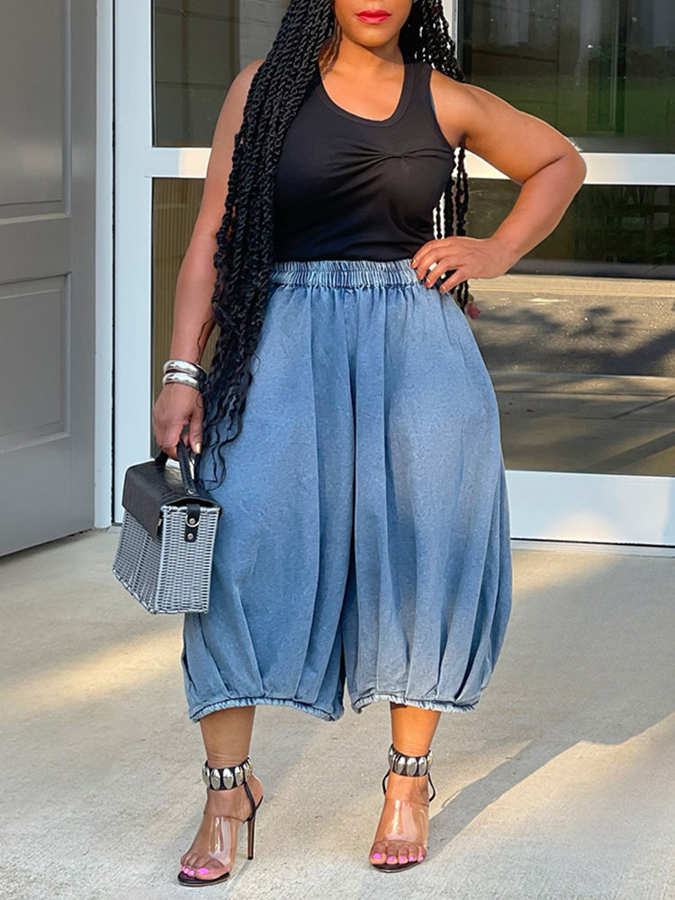 Elastic Waist Wide Leg Cropped Denim Jeans