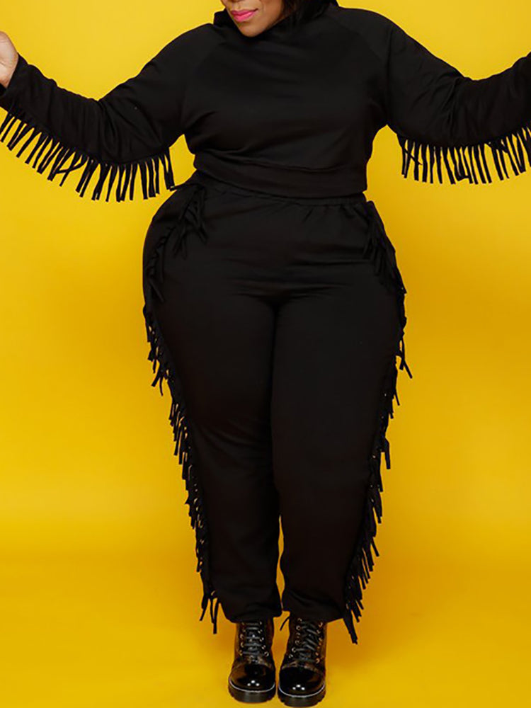 Two Pieces Plus Size Fringe Hooded Tracksuit