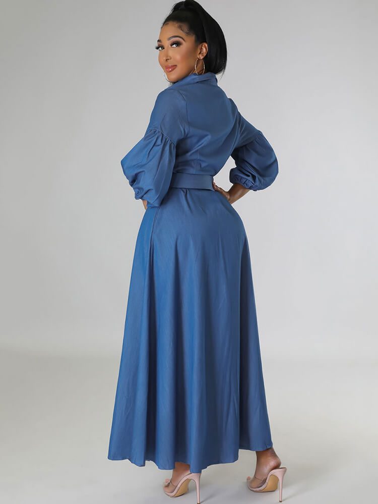 Denim Lantern Sleeve Bodycon Maxi Dress