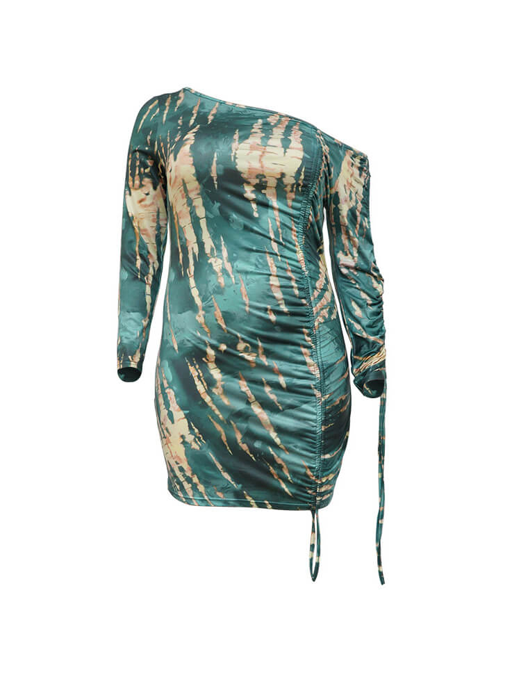 One Shoulder Tie Dye Drawstring Mini Dress