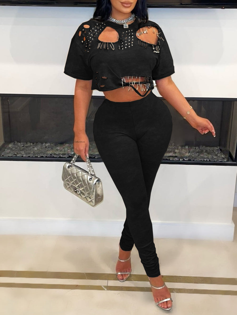 Cut-Out Stud Pin T-Shirt Pant Set