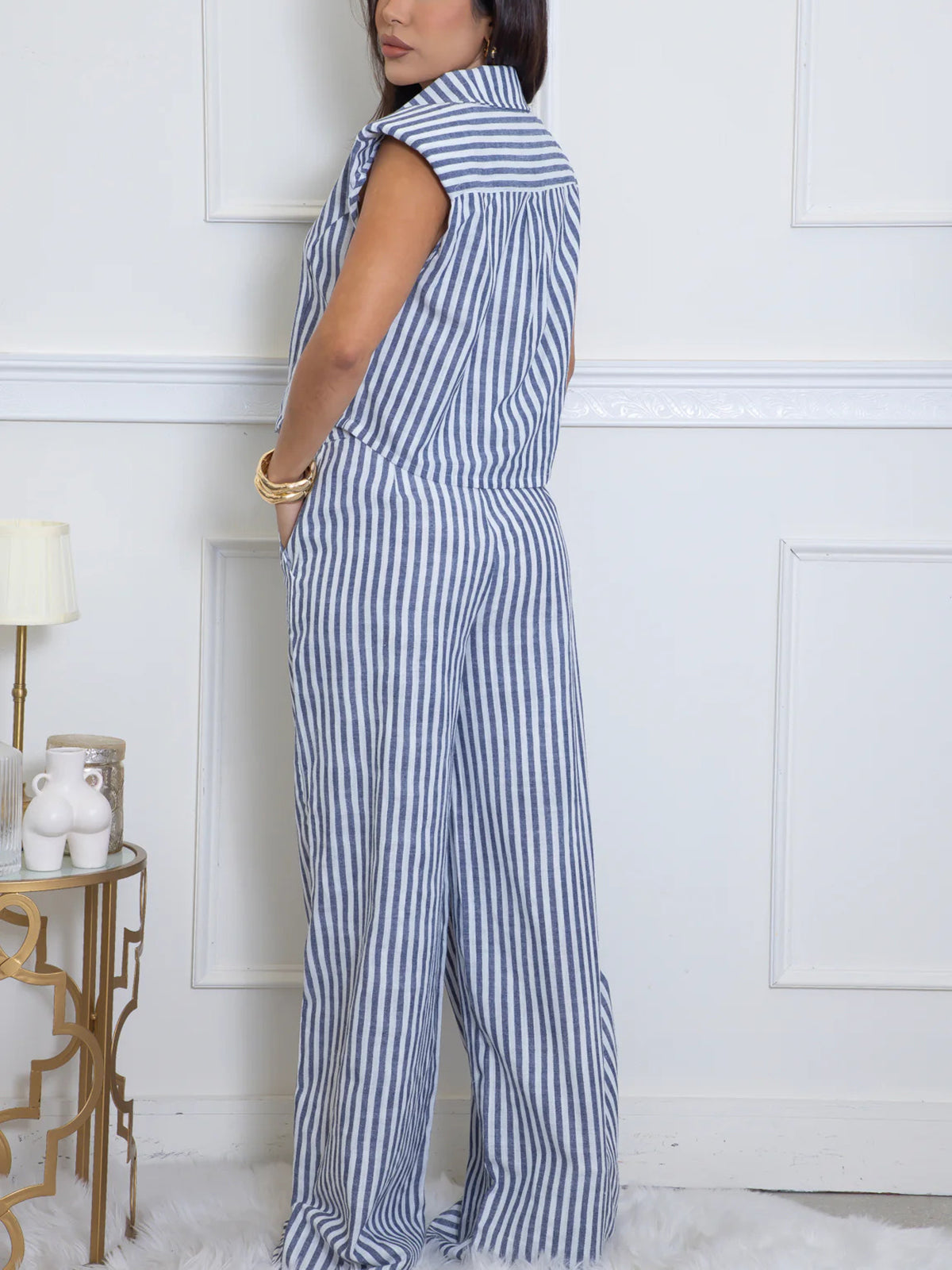 Striped Sleeveless Shirt Wide Leg Pants Set
