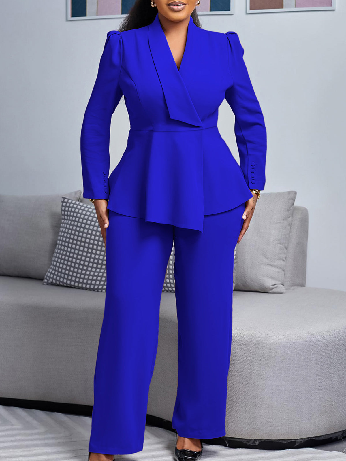 Tailored Lapel Peplum Blazer Pants Set