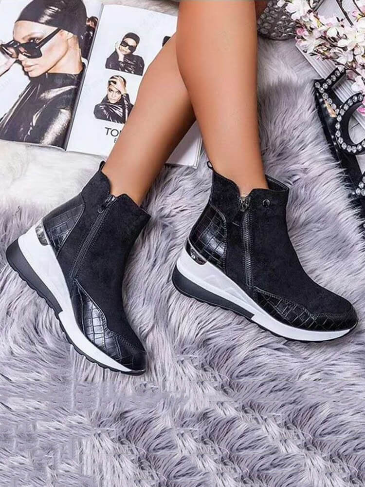 PU Patchwork Side Zipper Ankle Bootsies