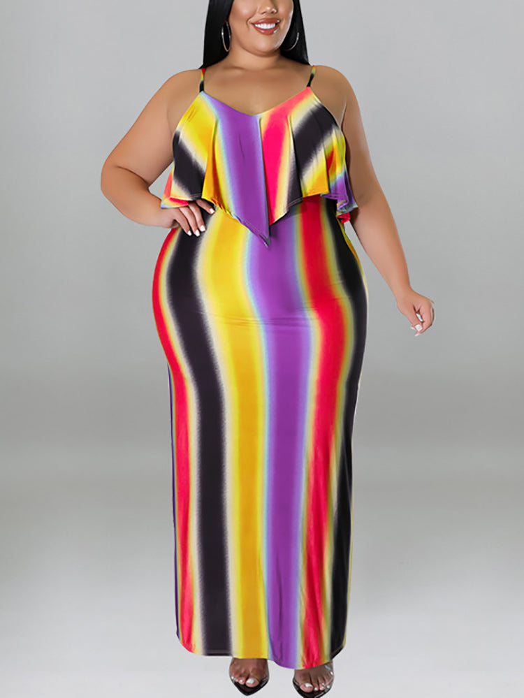 Plus Size Ruffle Strap Rainbow Stripe Print Dress