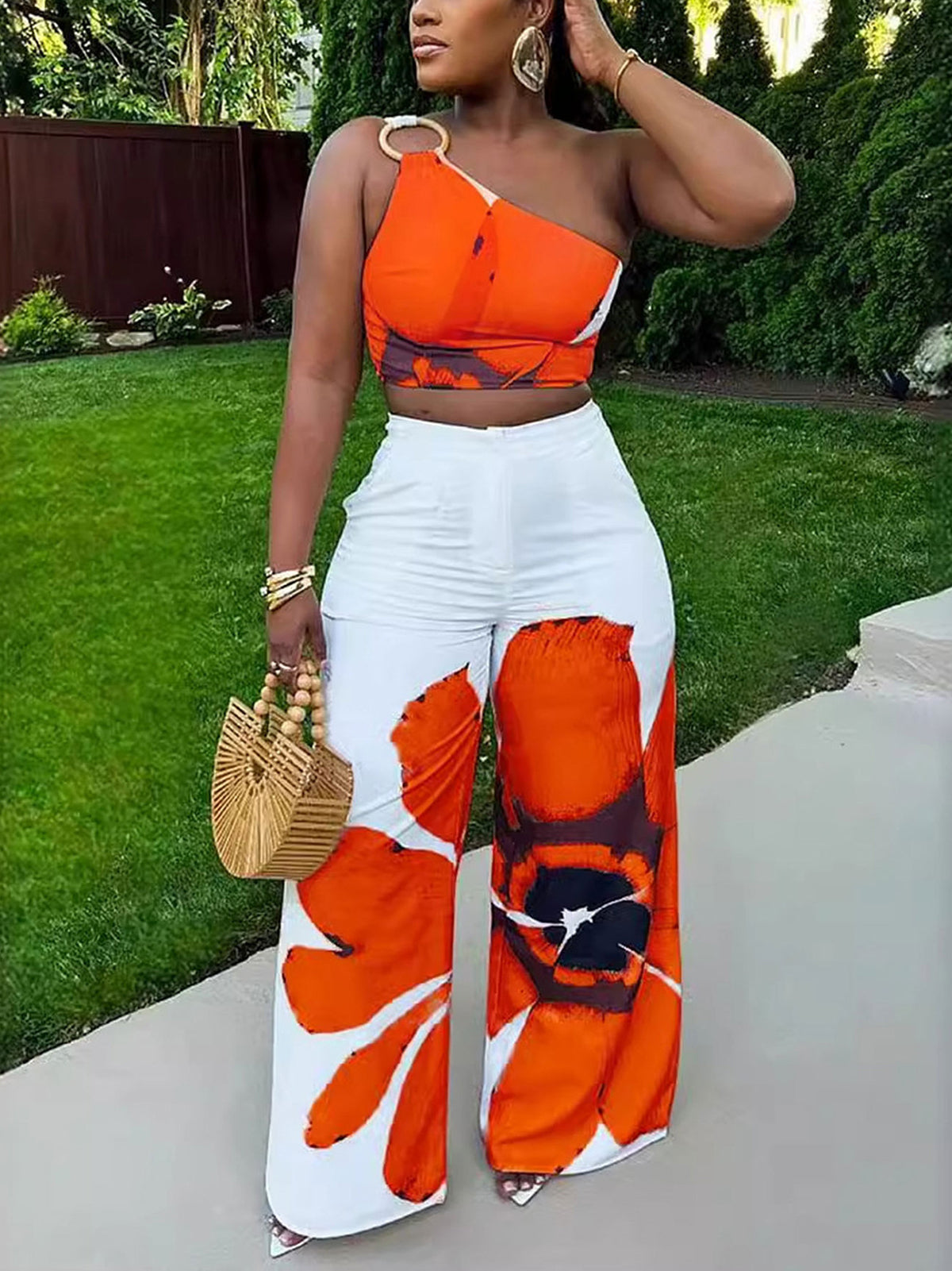 Two Piece One-Shoulder Floral Print Pants Set