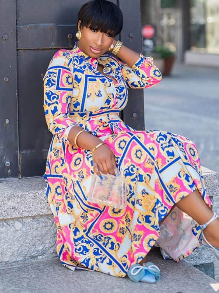 Long Sleeve V Neck Floral Print Midi Dress