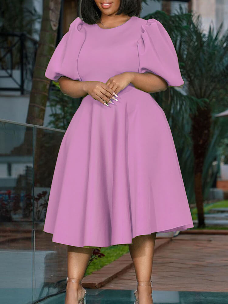 Puff Sleeve Solid Ruched Bodycon Midi Dress