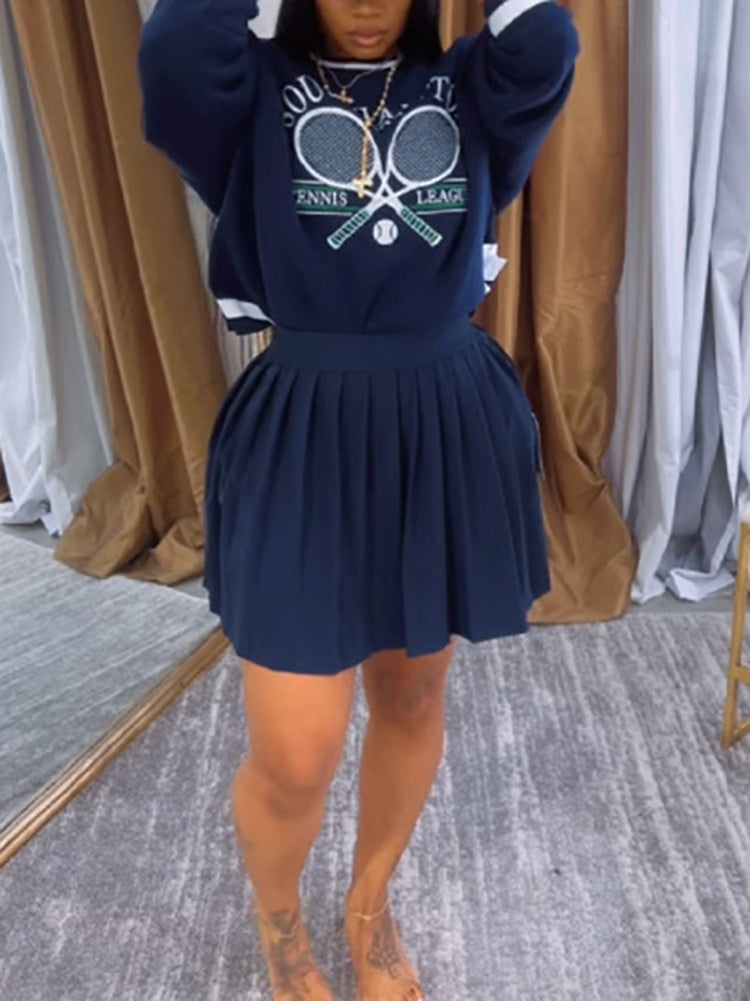 Printed Pullover Sweatshirt & Pleated Skirt Set