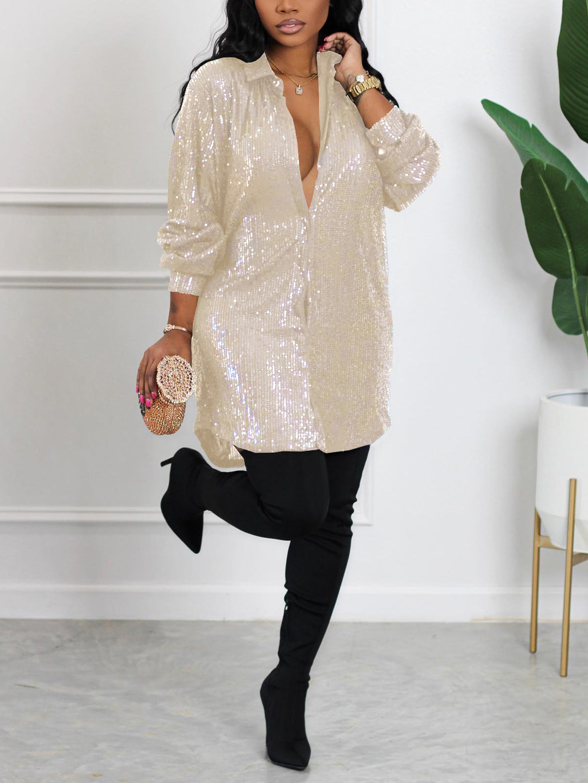 Sequins Long Sleeve Shirts Mini Dress