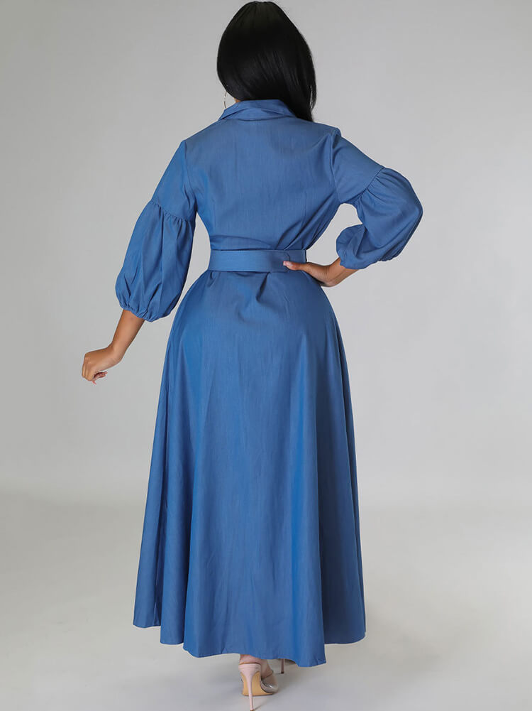 Denim Lantern Sleeve Bodycon Maxi Dress