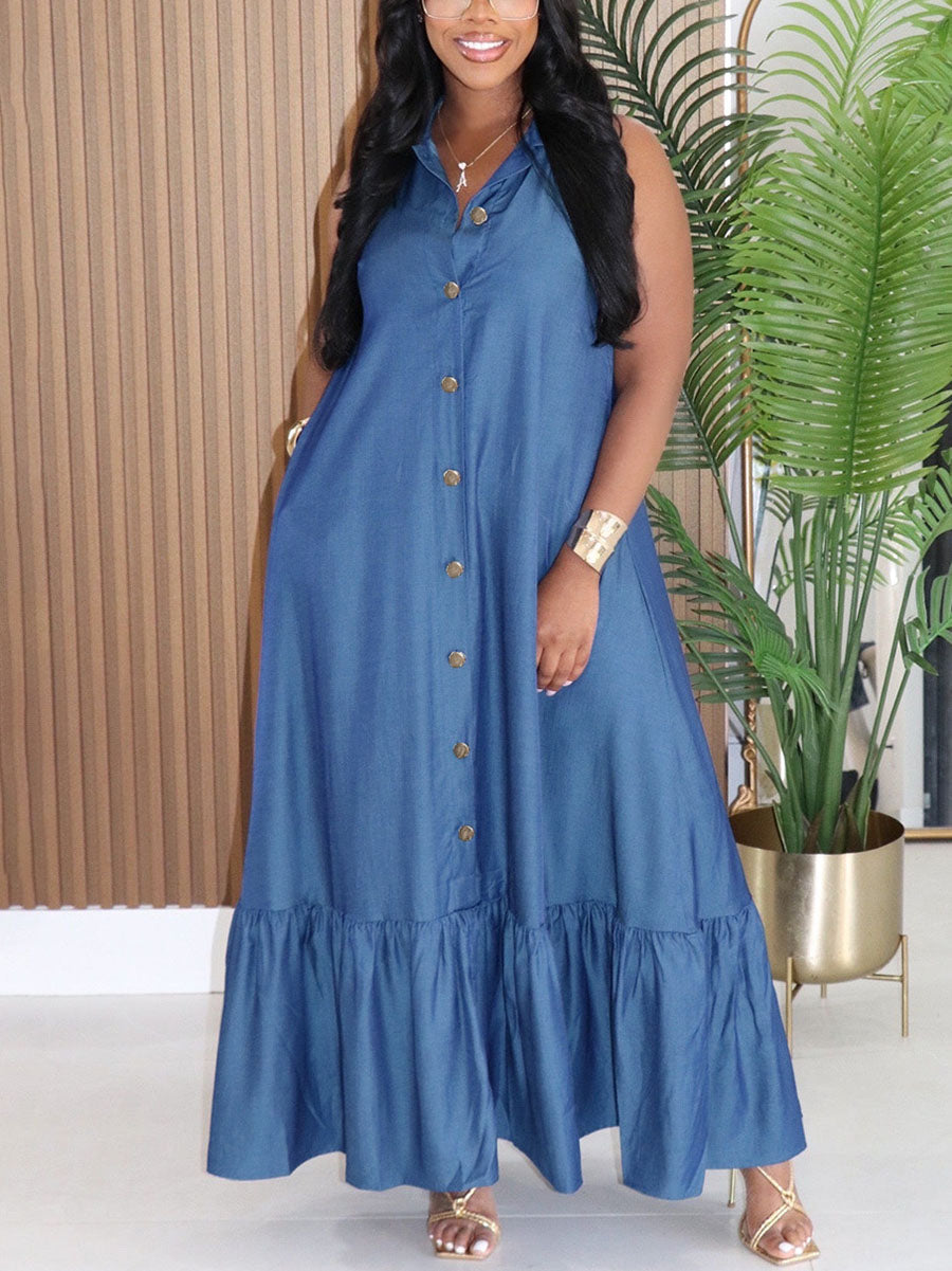 Sleeveless Ruffle Button Front Maxi Dress
