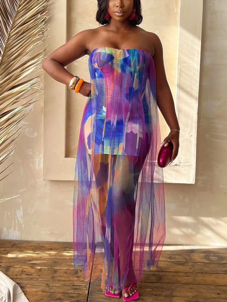 Colorblock Mesh Patchwork Strapless Dress