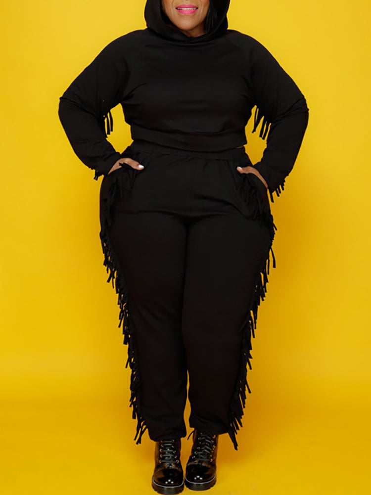 Two Pieces Plus Size Fringe Hooded Tracksuit