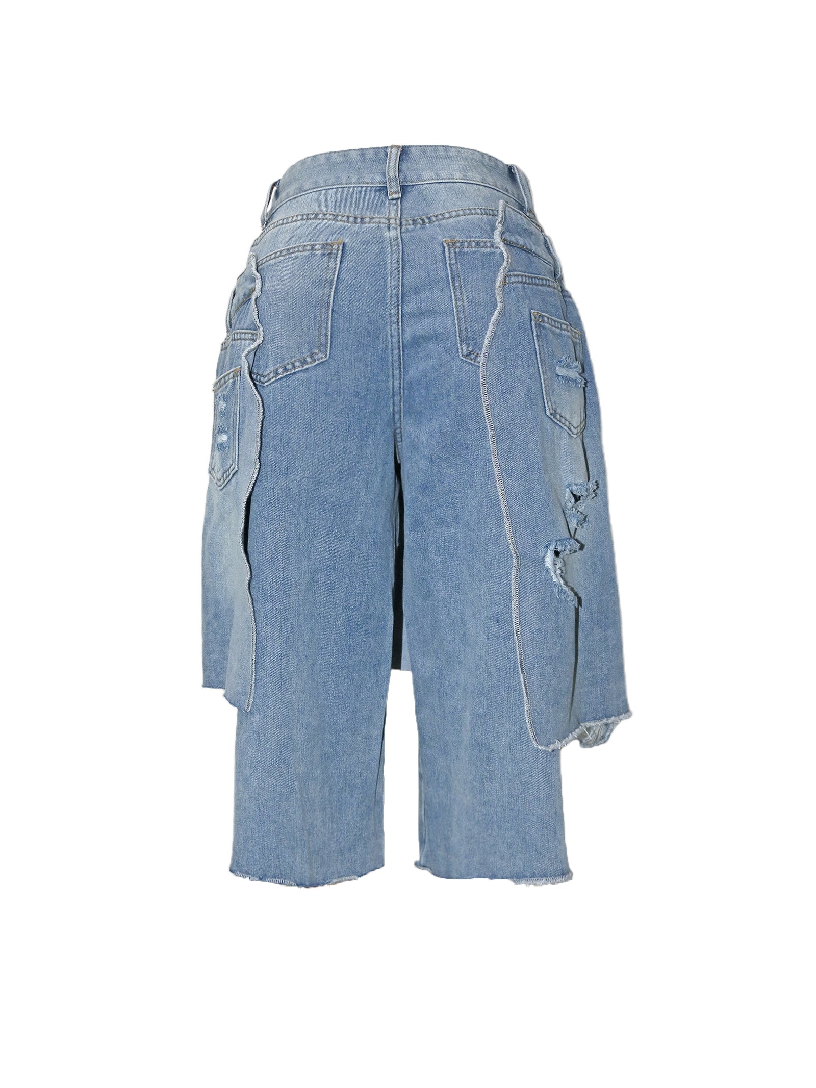 Asymmetrical Distressed Denim Capri Pants