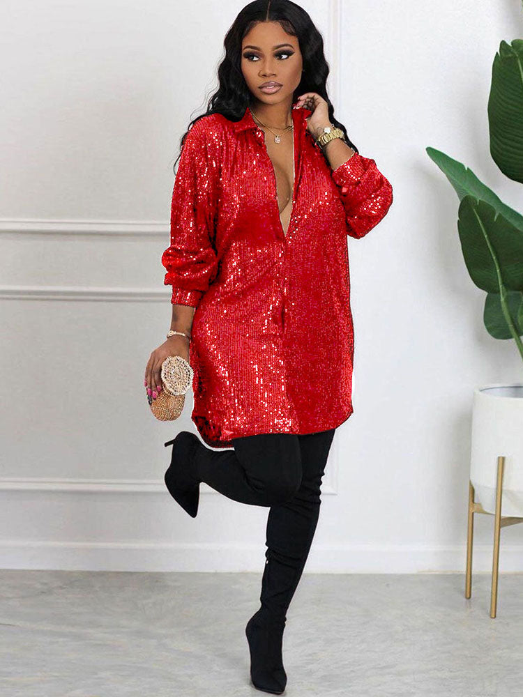 Glitter Sequins Long Sleeve Mini Shirt Dress