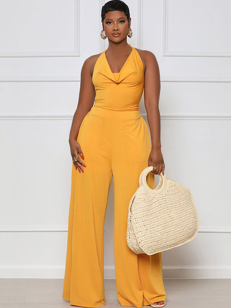 Halter Neck Backless Lace Up Wide Leg Jumpsuit