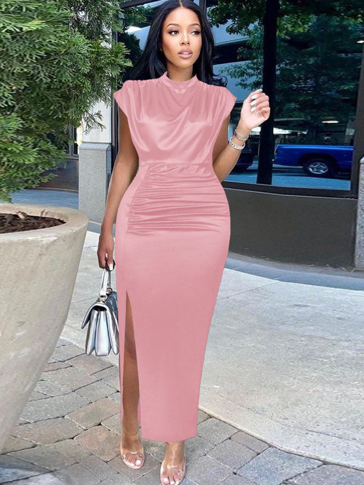 Plus Size Sleeveless Ruched Side Split Maxi Dress