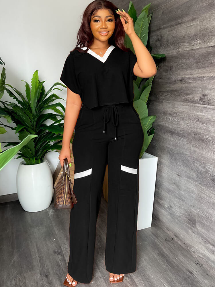 Two Piece Short Sleeve Top Drawstring Pants