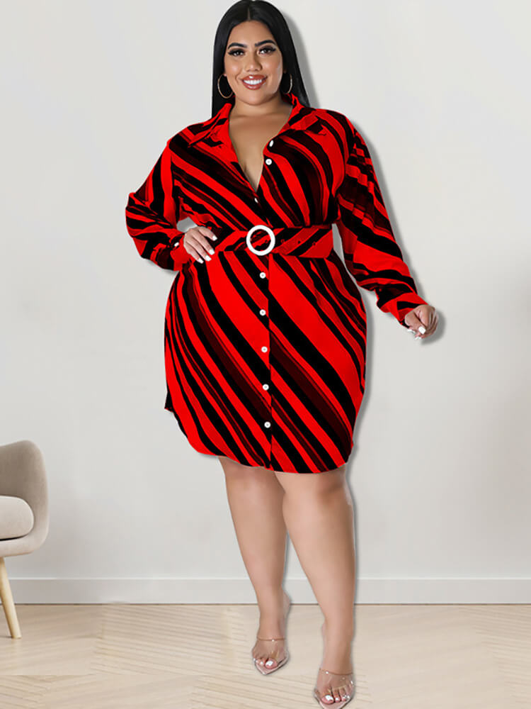 Long Sleeve Striped Mini Dress With Belt