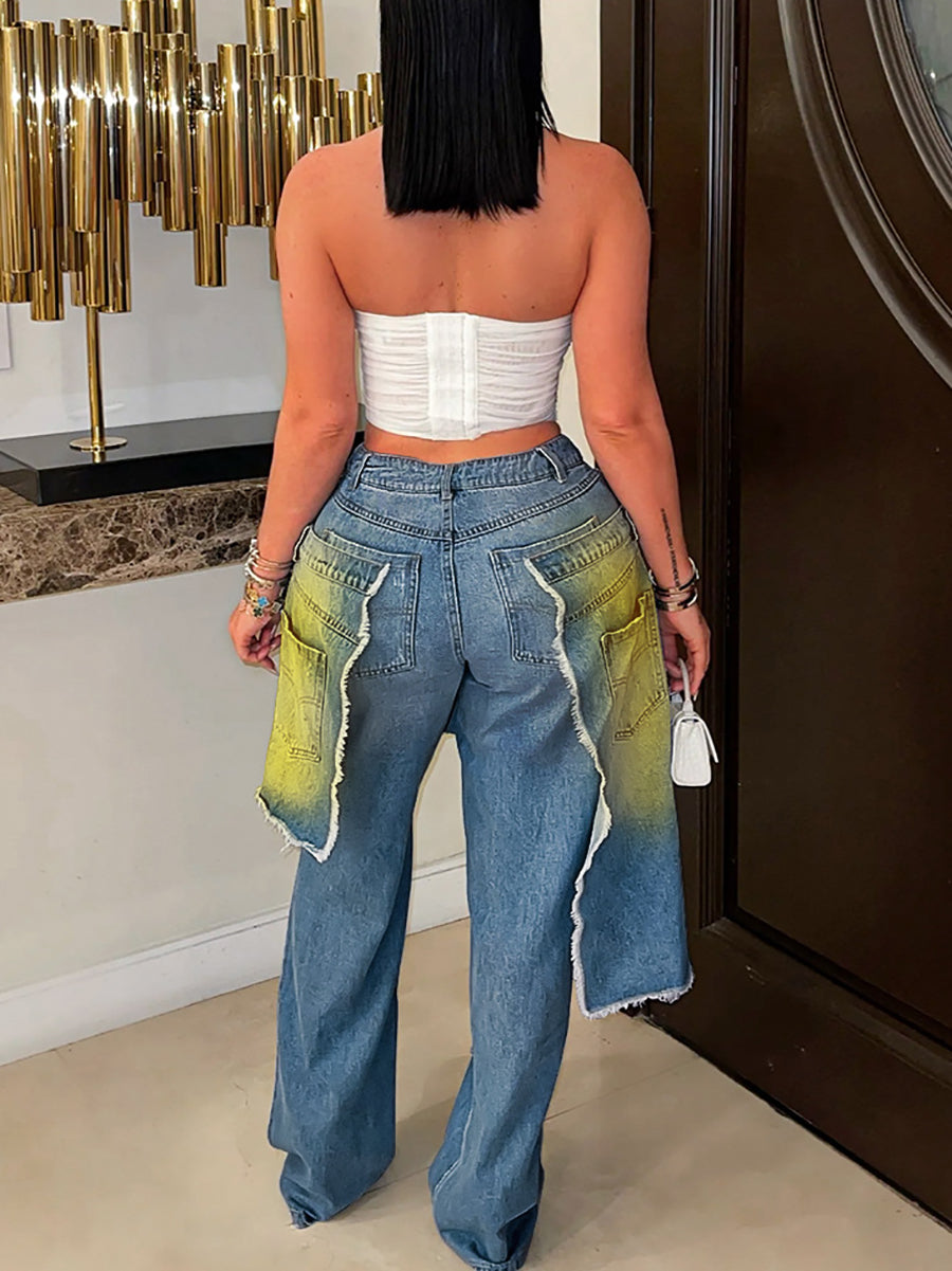 Distressed Gradient Patchwork Wide Leg Jeans