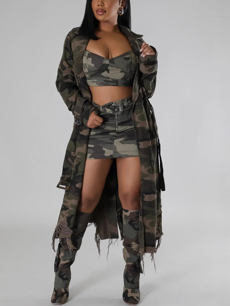 Distressed Camouflage Trench Coat