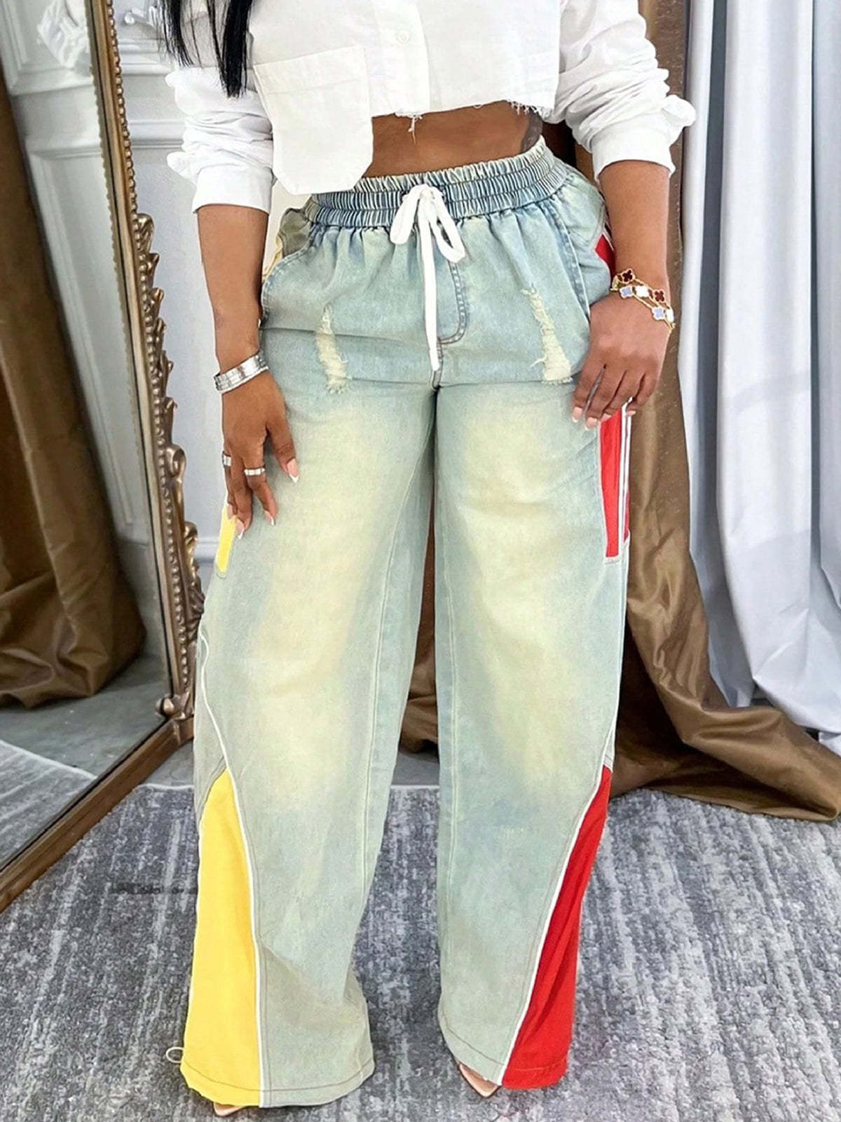 Drawstring High Waist Color Block Jeans