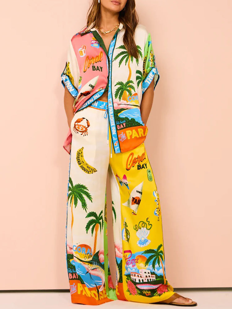 Printed Shirt Wide Leg Pants Set