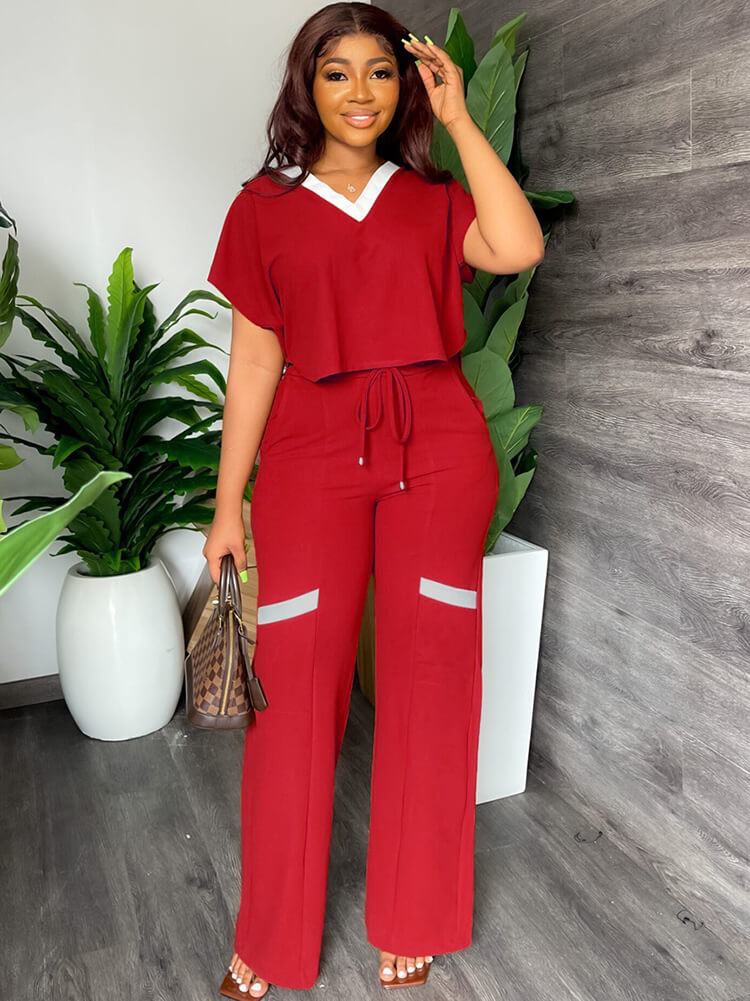 Two Piece Short Sleeve Top Drawstring Pants