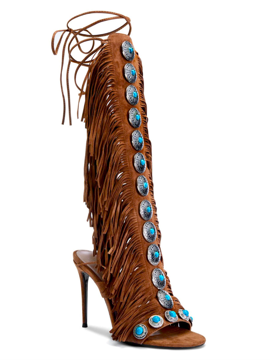 Boho Gemstone Lace-Up Fringe Heeled Sandals