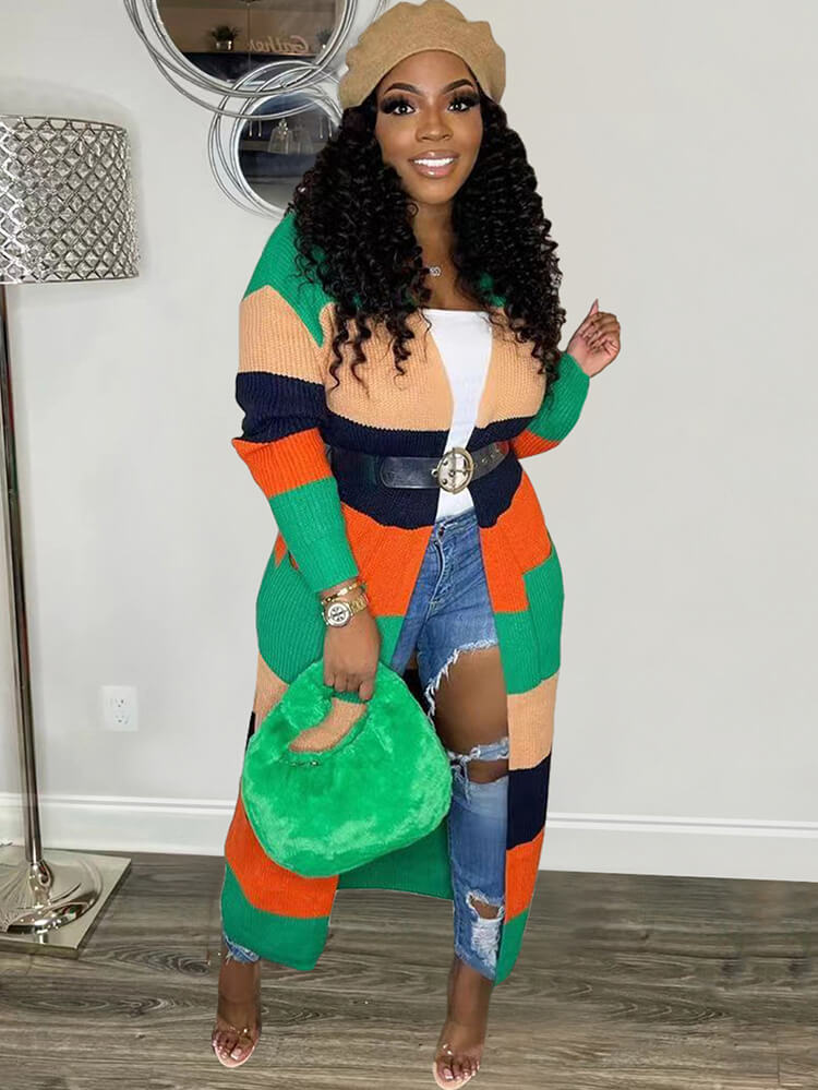 Knit Long Sleeve Color Block Bodycon Cardigan