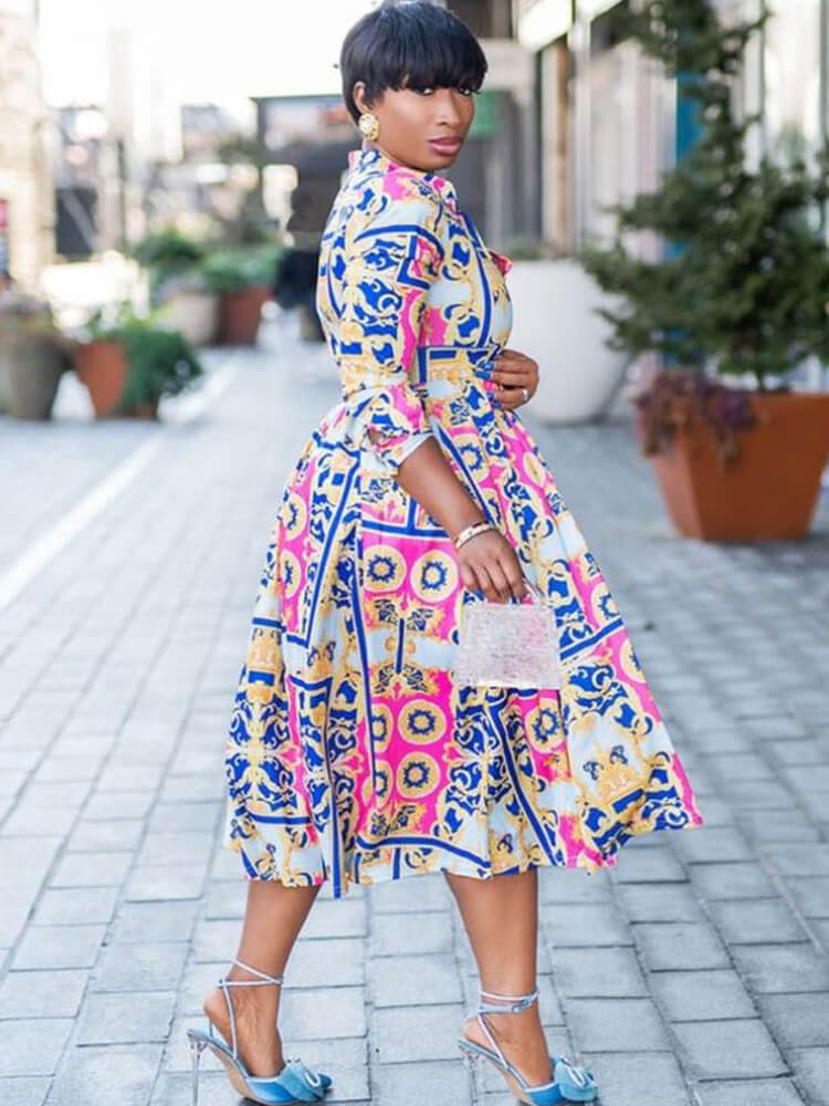 Long Sleeve V Neck Floral Print Midi Dress