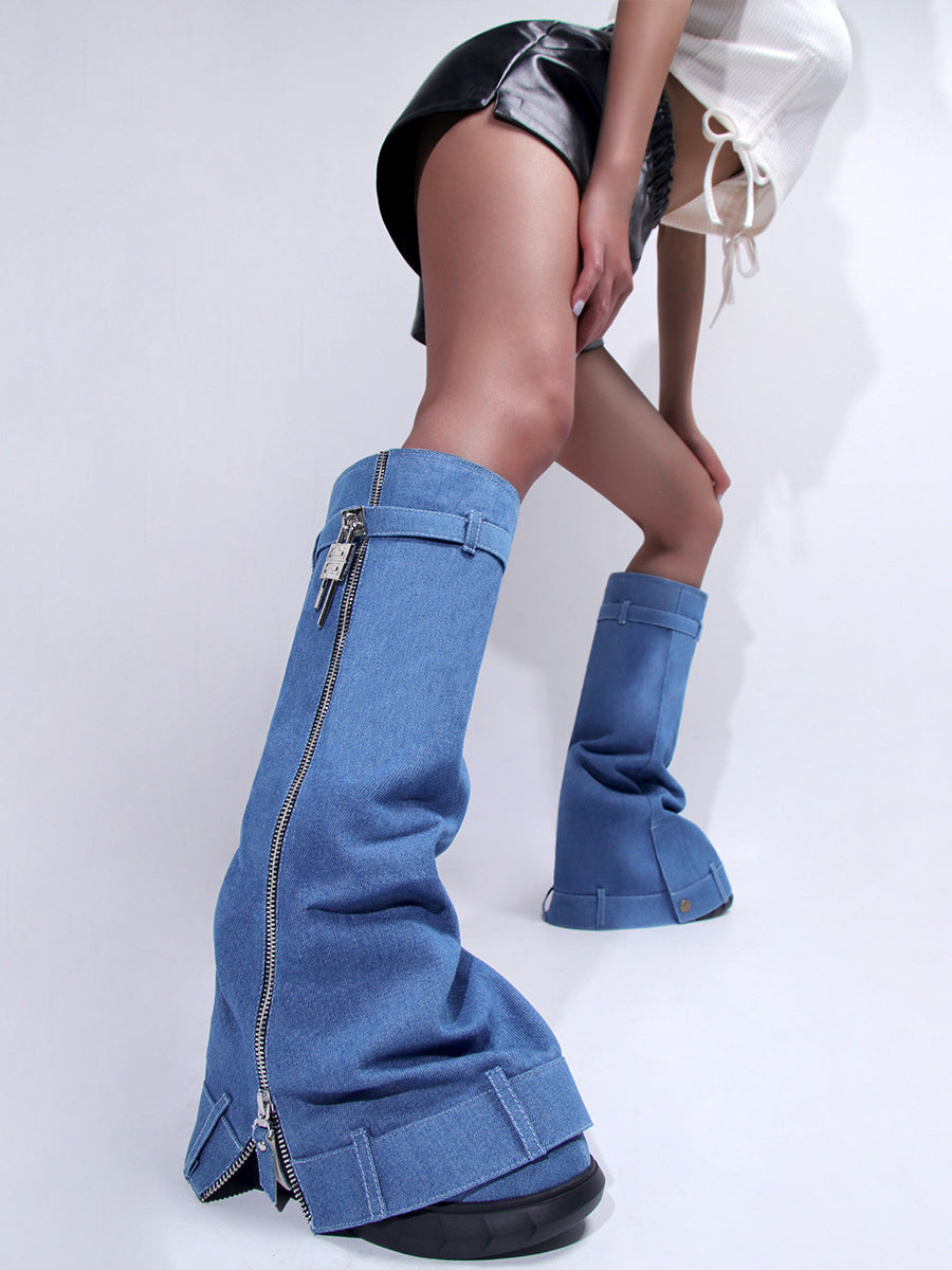 Western Platform Wedge Denim Boots