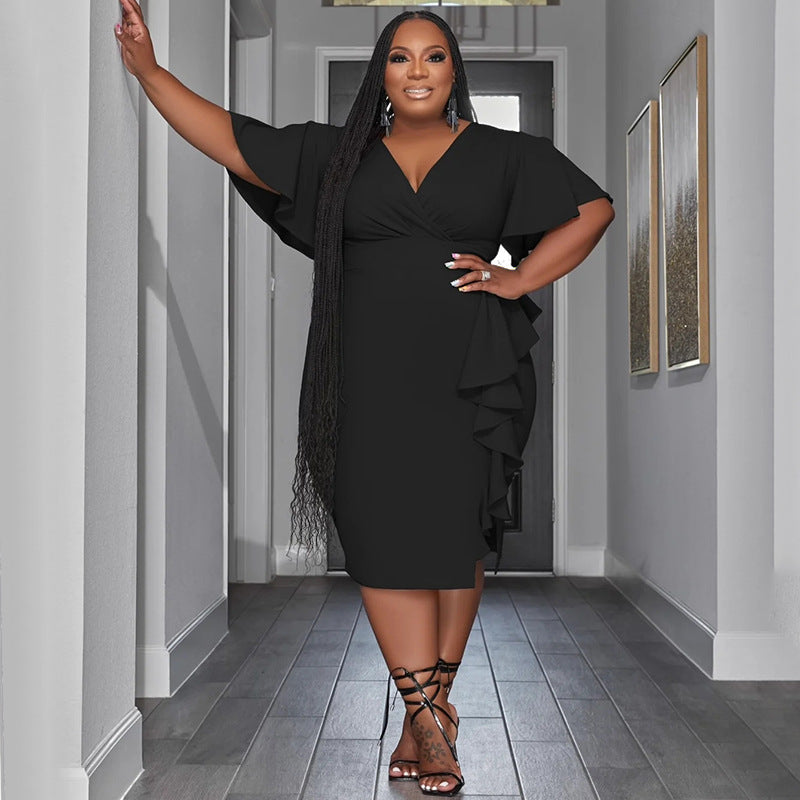 Short Sleeve V Neck Ruffle Midi Dress