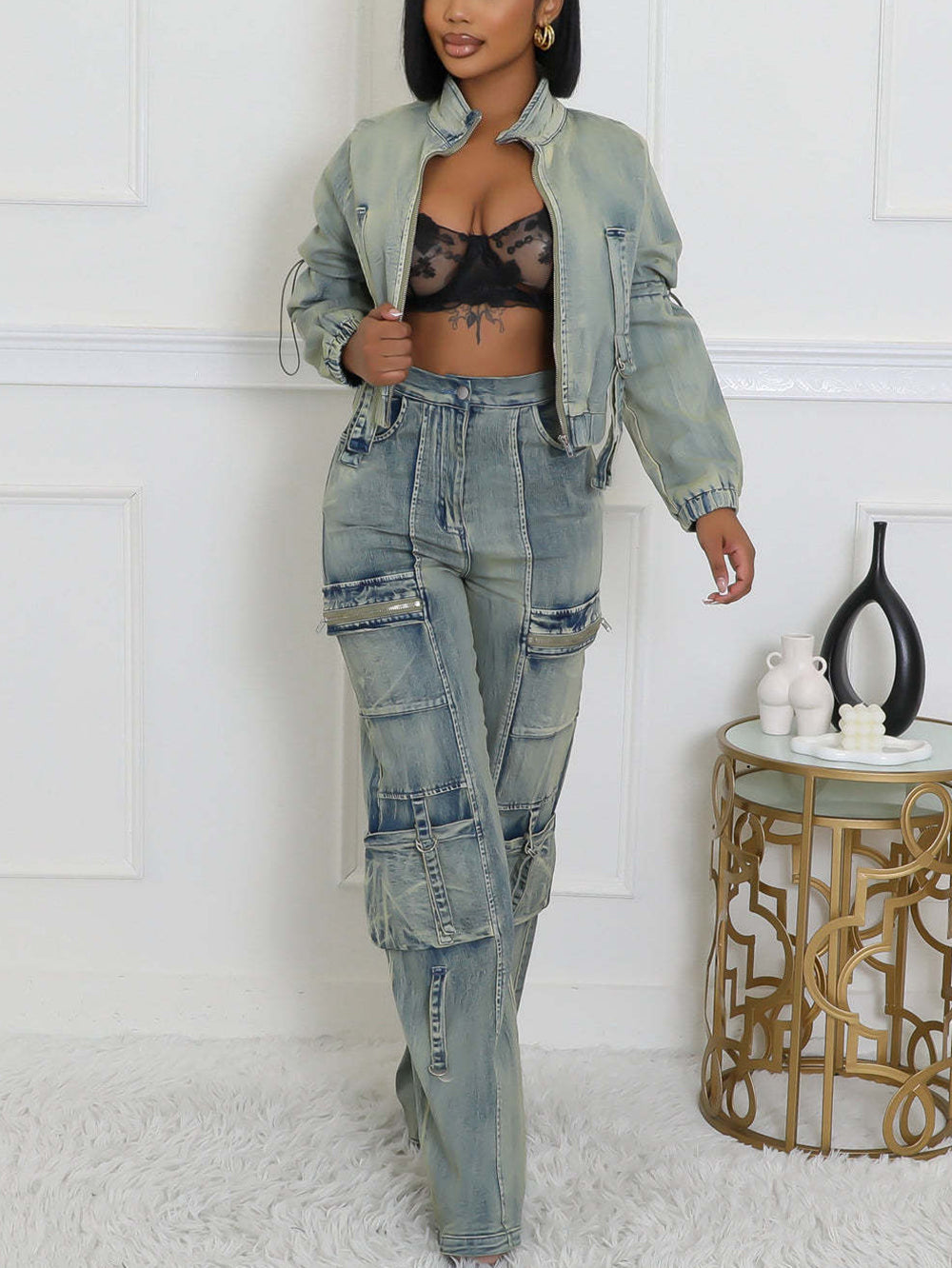 Two-Piece Multi-Pocket Denim Set