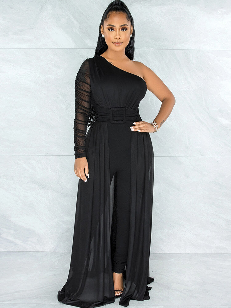 Mesh Patchwork One Shoulder Long Sleeve Jumpsuit