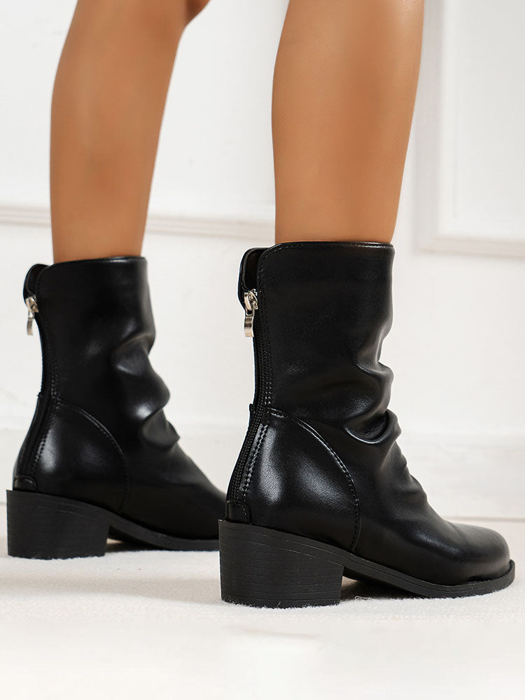 PU Leather Solid Color Ruched Anklet Boots