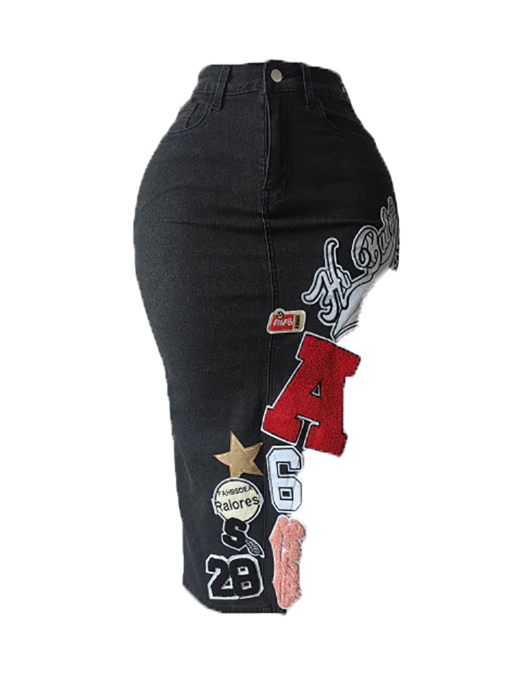Graffiti Patchwork High Slit Denim Midi Skirt