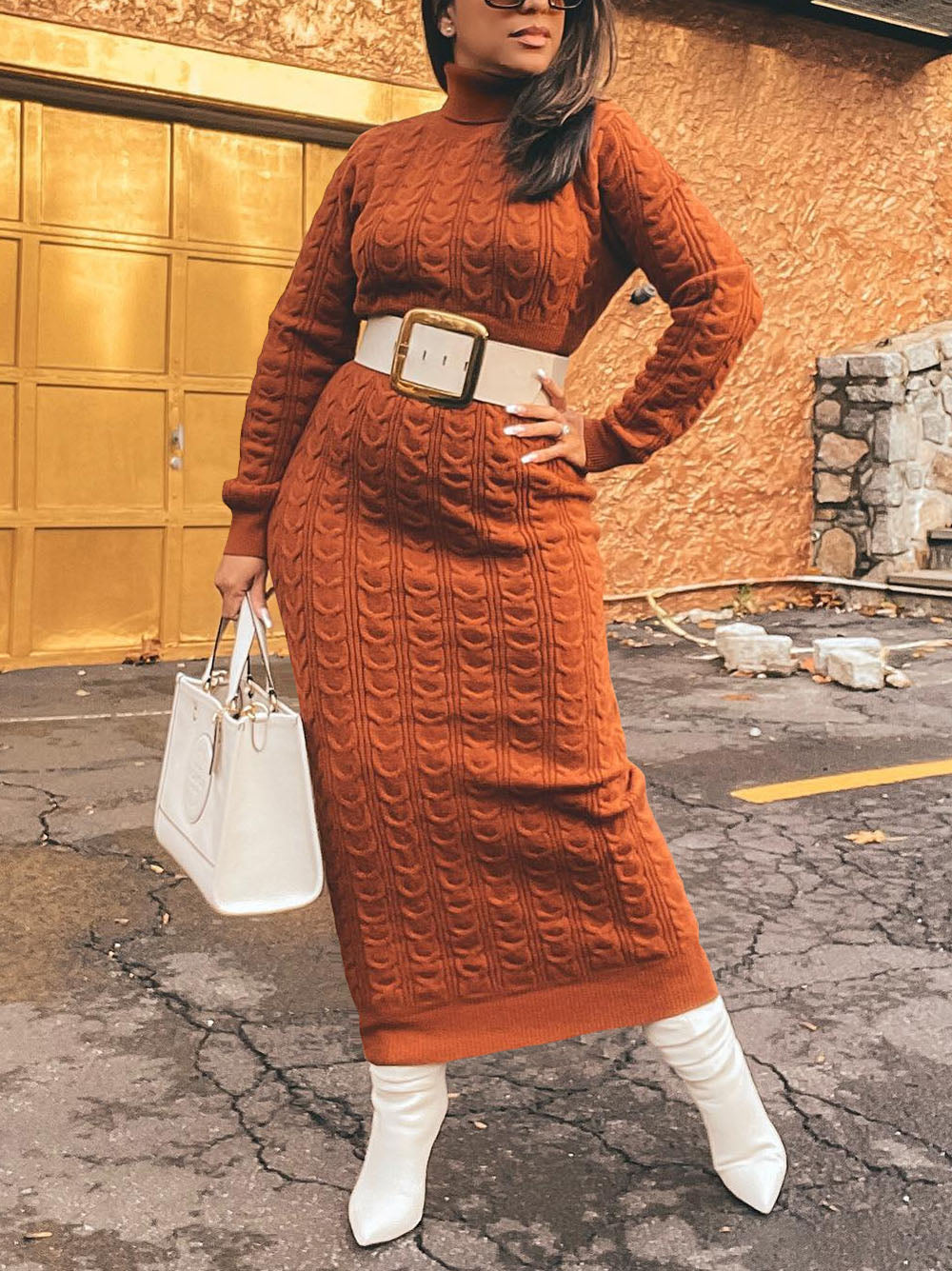 Solid Color Turtleneck Knit Dress