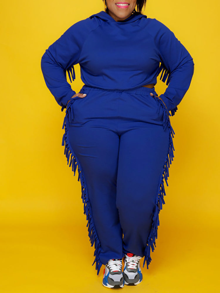 Two Pieces Plus Size Fringe Hooded Tracksuit