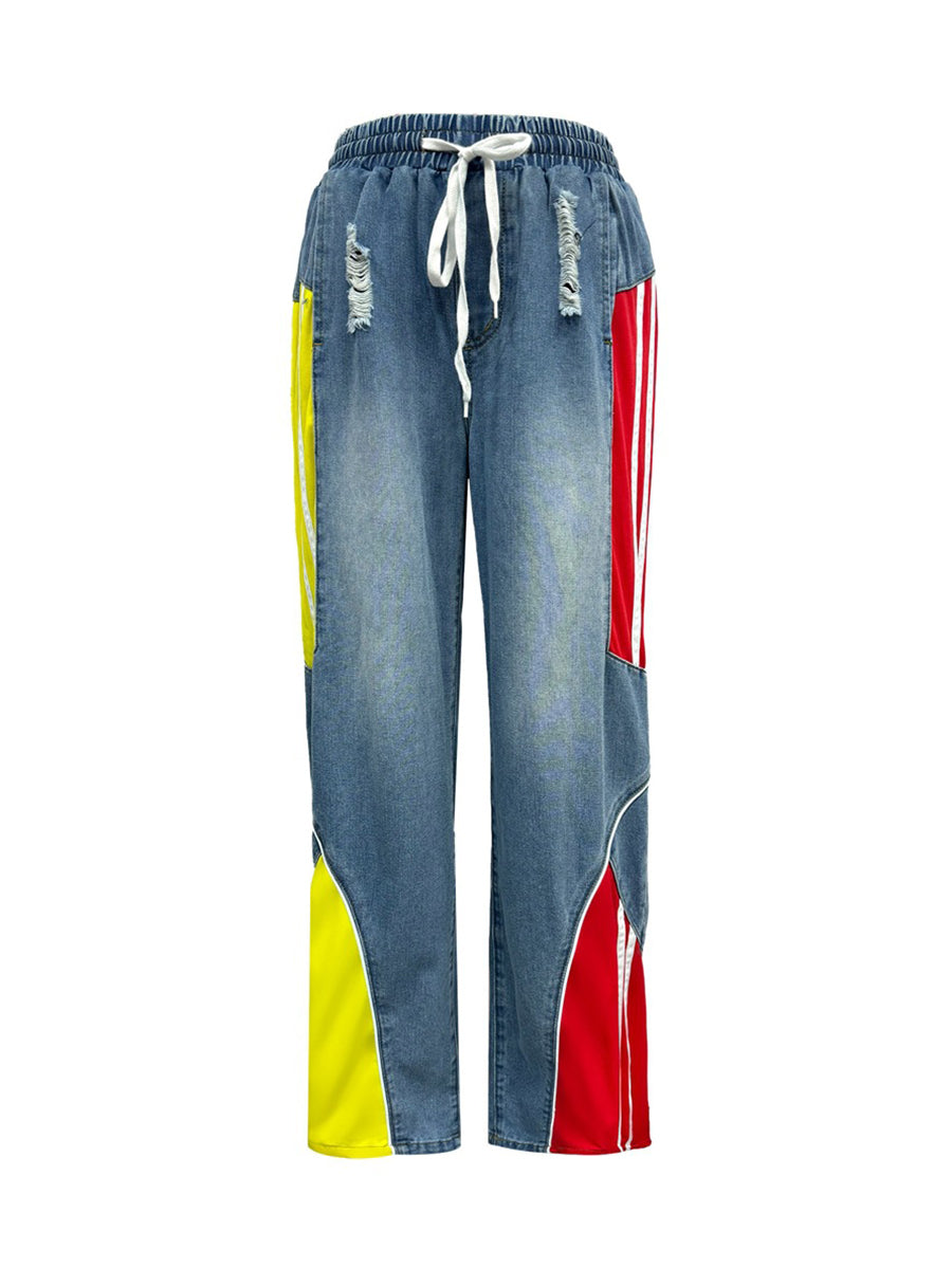 Drawstring High Waist Color Block Jeans