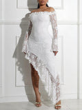 Off Shoulder Lace Asymmetric Ruffle Dress