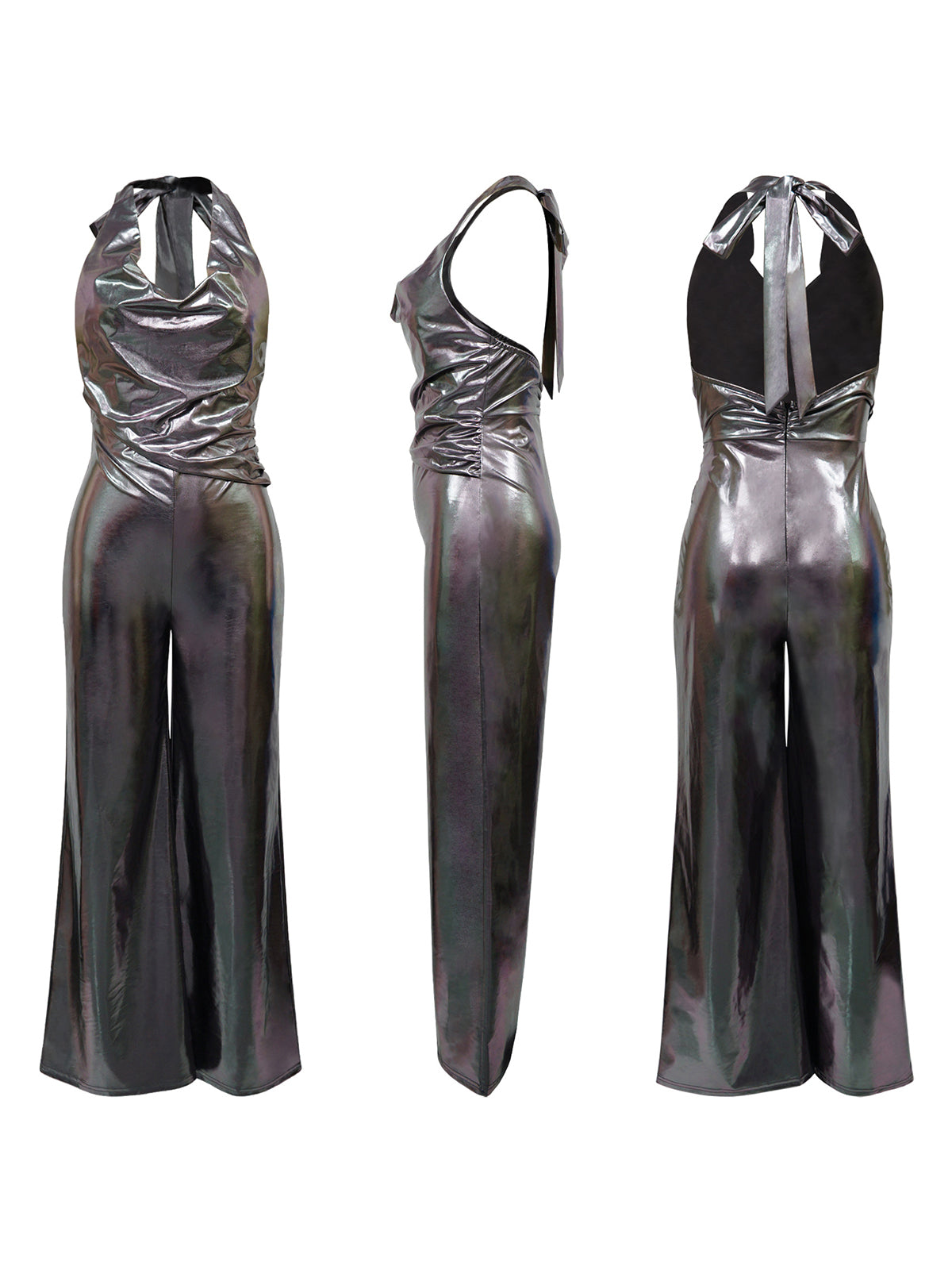 Glitter Halter Cowl Neck Backless Jumpsuit